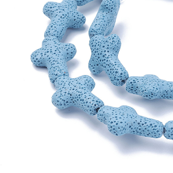 

PandaHall Natural Lava Rock Beads Strands, Cross, Dyed, Deep Sky Blue, 25~27x19~19.5x7.5~8mm, Hole: 1.5mm, about 16pcs/strand, 16.5 inch...