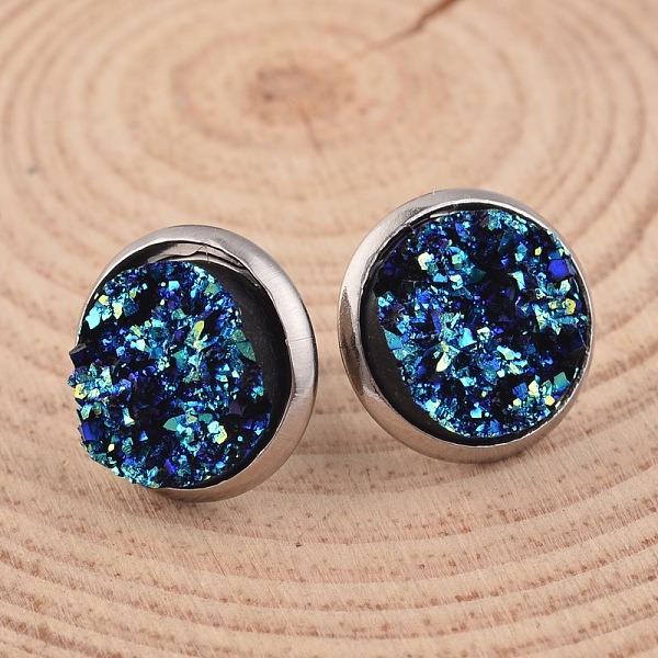 

PandaHall Flat Round 304 Stainless Steel Druzy Resin Ear Studs, Dark Turquoise, 14x7mm, Pin: 0.7mm Resin Cyan
