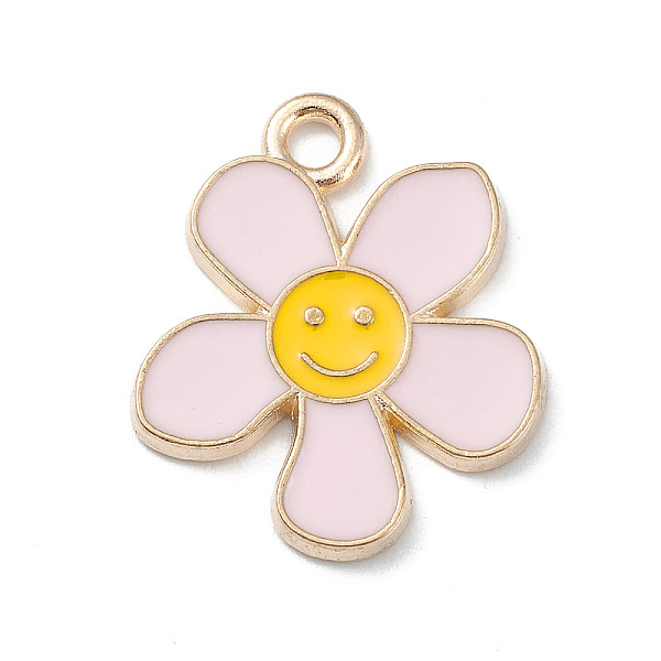 

PandaHall Alloy Enamel Pendants, Light Gold, Flower with Smiling Face Charm, Pink, 21.5x18x1.5mm, Hole: 2mm Alloy+Enamel Flower Pink