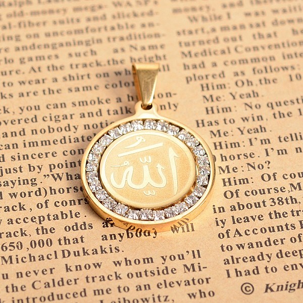 

PandaHall 304 Stainless Steel Crystal Rhinestone Flat Round with Allah Pendants, Arabic Pendants, Golden, 29x25x3mm, Hole: 4.5x8mm Stainless..., Clear