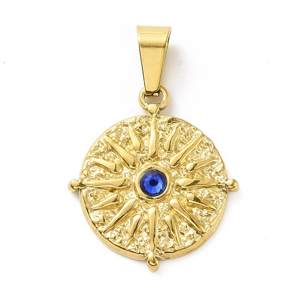 

PandaHall Vacuum Plating 304 Stainless Steel with Capri Blue Rhinestones Pendants, with 201 Stainless Steel Snap On Bails, Flat Round with..., Cyan