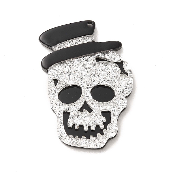

PandaHall Halloween Acrylic Pendants, with Sequins, Skull with Hat Charm, Silver, 45x30x4mm, Hole: 2mm Acrylic Skull Silver