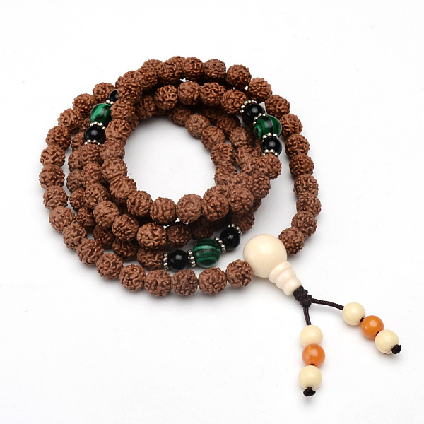 

PandaHall 5-Loop Wrap Style Buddhist Jewelry, Rudraksha Mala Bead Bracelets/Necklaces, with 3-Hole Guru Beads(Random Color and Style), Tan..., Orange
