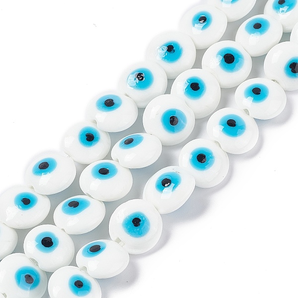 

PandaHall Handmade Evil Eye Lampwork Beads Strands, Flat Round, White, 14~15.5x8mm, Hole: 1~1.4mm, about 14pcs/strand, 12.60 inch(32cm)...