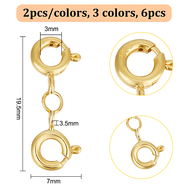Gomakerer 6шт 3 цвета 925 стерлингового серебра пружинные застежки-кольца