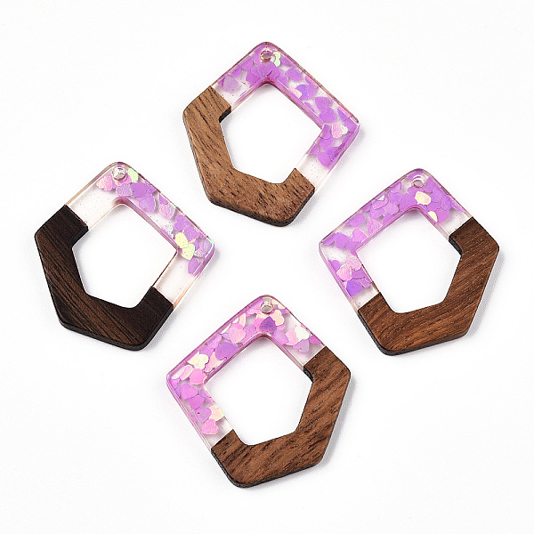 

PandaHall Transparent Resin & Walnut Wood Pendants, Pentagon Charms with Heart Paillettes, Violet, 35.5x32.5x3.5mm, Hole: 2mm Resin+Wood..., Purple