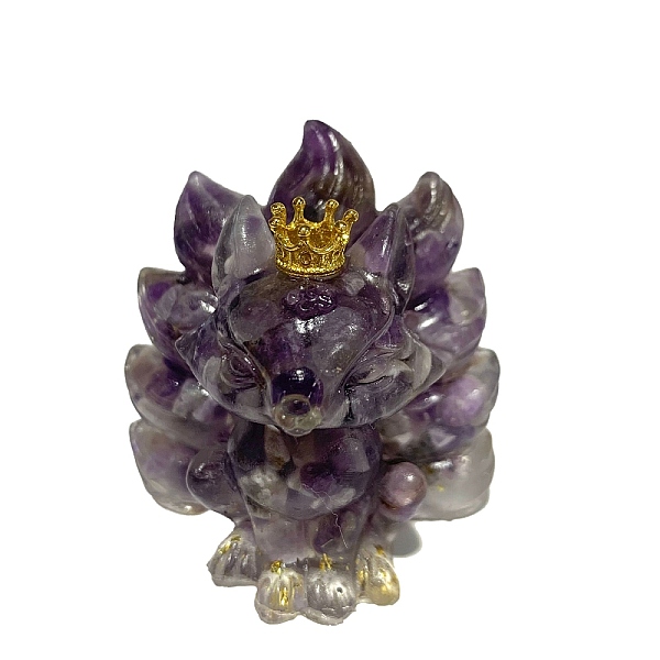 

PandaHall 9-Tailed Fox Amethyst Display Decorations, Gems Crystal Ornament, Resin Home Decorations, 60x45x60mm Amethyst Fox