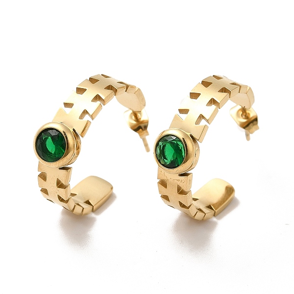 

PandaHall Emerald Rhinestone Geometry Stud Earrings, Ion Plating(IP)304 Stainless Steel Half Hoop Earrings for Women, Golden, 22x7x22mm, Pin..., Green