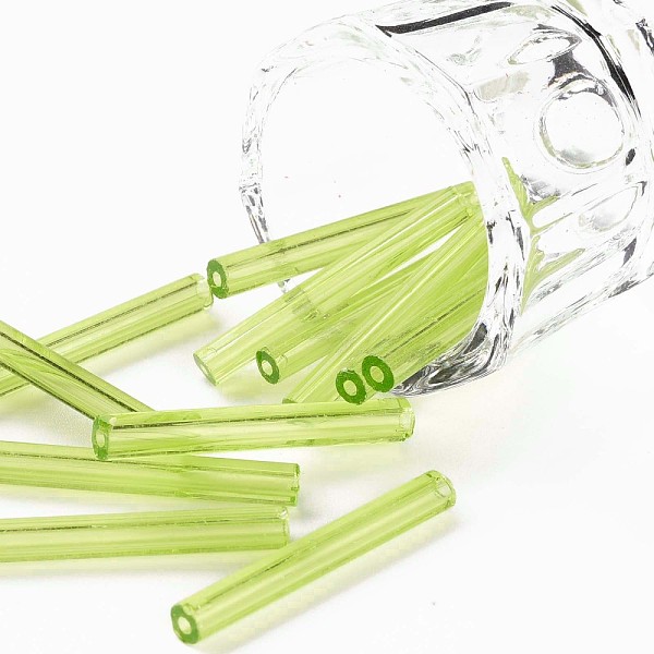 

PandaHall Glass Bugle Beads, Round Hole, Opaque Colours, Green Yellow, 28x3mm, Hole: 1.2mm, about 850pcs/pound Glass