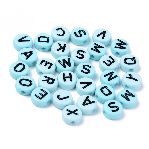

PandaHall Opaque Acrylic Beads, Horizontal Hole, Flat Round with Black Random Letters, Sky Blue, 10x4.5mm, Hole: 2mm, about 1600pcs/500g...
