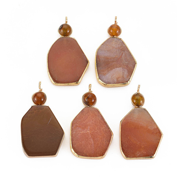PandaHall Natural Agate Big Pendants, with Light Gold Plated Brass Loops, Dyed & Heated, Polygon, Chocolate, 56~58x32x6~7mm, Hole: 3.5~4.5mm...