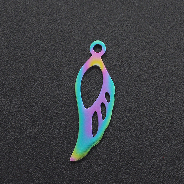 

PandaHall Ion Plating(IP) 201 Stainless Steel Pendants, Wing, Laser Cut, Rainbow Color, 21x7x1mm, Hole: 1.2mm 201 Stainless Steel Wing