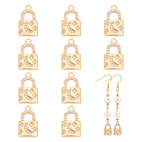 

PandaHall Brass Rhinestone Pendants, Padlock with Moon & Star, Light Gold, 16~16.5x9.5~10x2.7mm, Hole: 1.6mm Brass+Rhinestone Lock Clear