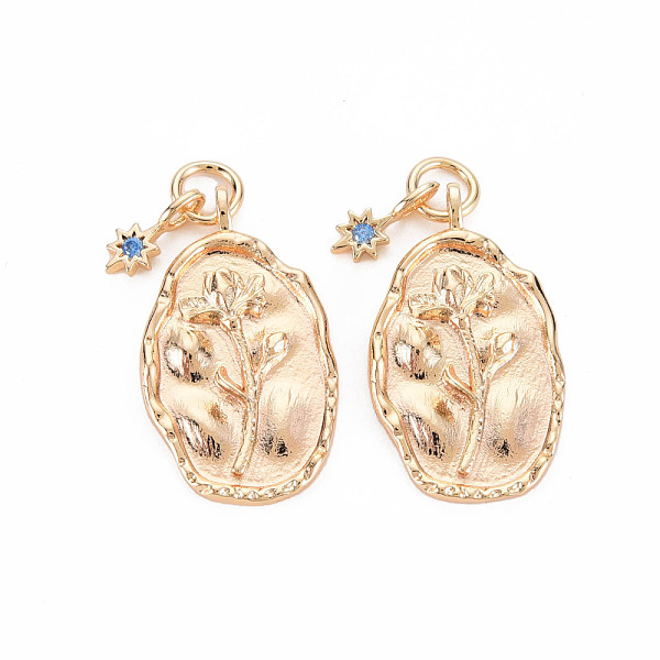 

PandaHall Brass Sapphire Rhinestone Pendants, Birth Flower Charms, Nickel Free, Oval with Star, Real 18K Gold Plated, February Iris..., Blue