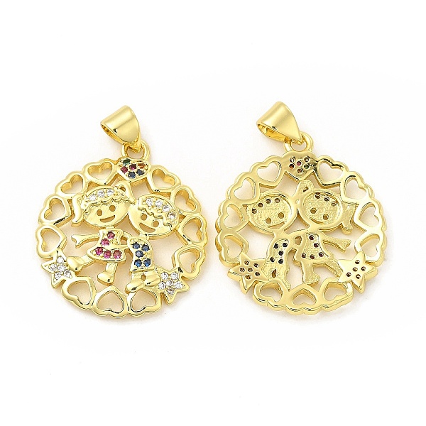 

PandaHall Brass Micro Pave Cubic Zirconia Pendant, Flat Round with Lover & Heart & Star Charm, Golden, Colorful, 24.5x21.5x2.5mm, Hole...