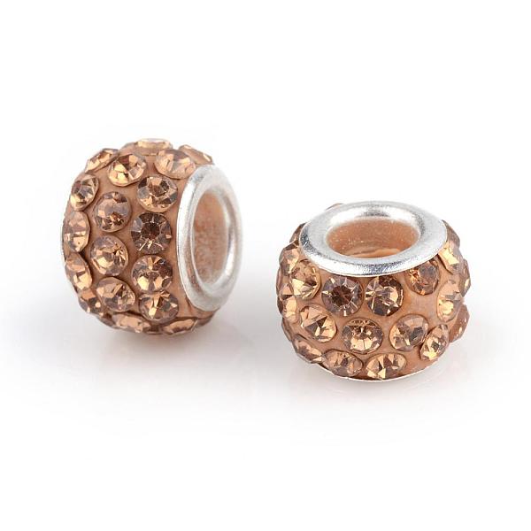 

PandaHall Polymer Clay Rhinestone European Beads, Large Hole Beads, Rondelle, with Silver Color Plated Brass Cores, Lt.Col.Topaz..., Yellow