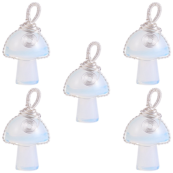 

PandaHall Opalite Pendants, Mushroom Charms, with Silver Color Plated Copper Wire Wrapped, 30x15x16mm, Hole: 5mm Opalite Mushroom