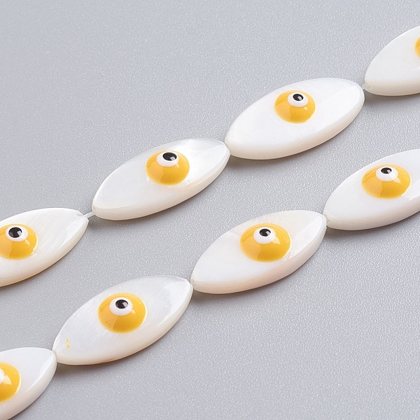 

PandaHall Natural Shell Beads Strands, with Enamel, Horse Eye with Evil Eye, Yellow, 17~18x8x5mm, Hole: 0.6mm, about 22pcs/strand, 16.14...