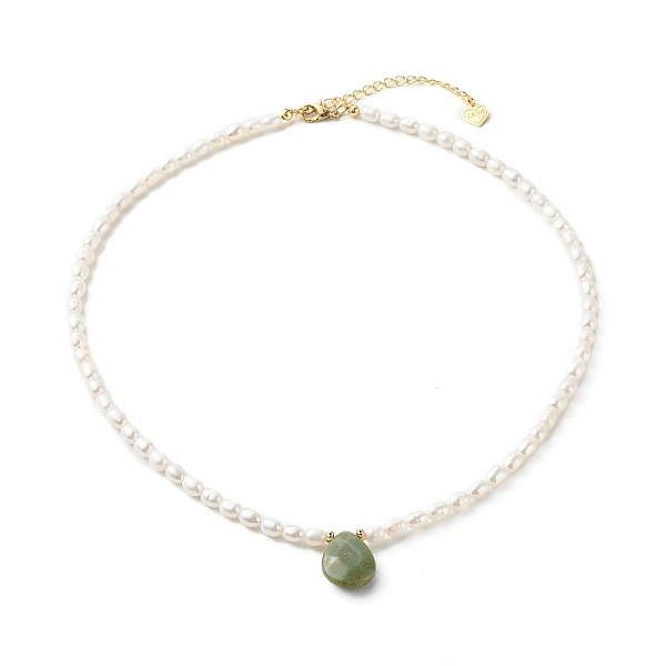 

PandaHall Pearl Beaded Necklace, with Natural Indian Agate Beads, Brass Finding, Teardrop, 39.7x0.4cm Indian Agate Green