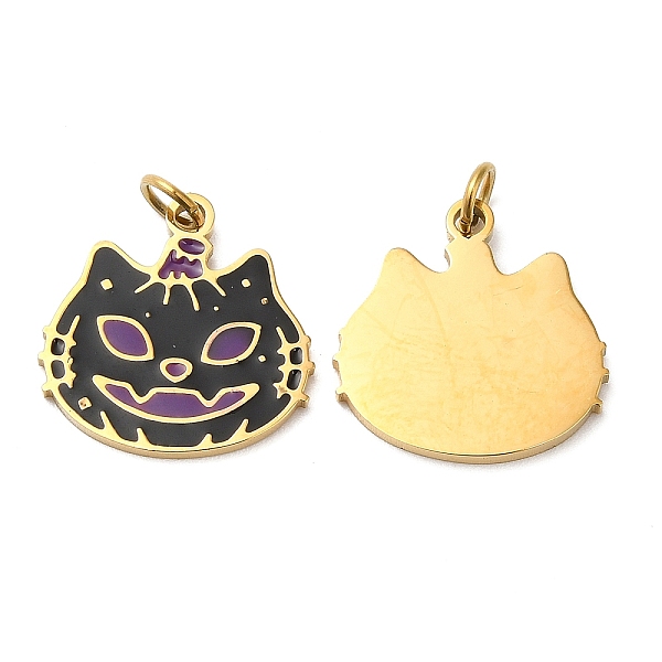 

PandaHall Halloween Ion Plating(IP) 304 Stainless Steel Charms, with Enamel and Jump Ring, Golden, Cat Charm, Black, 14x14x1mm, Hole: 2.6mm...