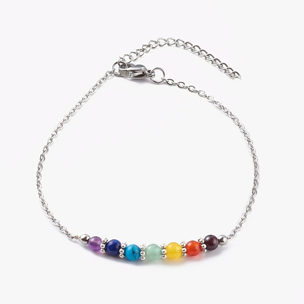 

PandaHall Chakra Jewelry, Natural & Synthetic Gemstone Beaded Anklets, with 304 Stainless Steel Cable Chains, Round, Stainless Steel Color...