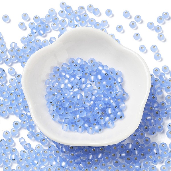 

PandaHall 6/0 Glass Seed Beads, Frosted, Silver Lined, Round, Cornflower Blue, 4.5x3mm, Hole: 1mm Glass