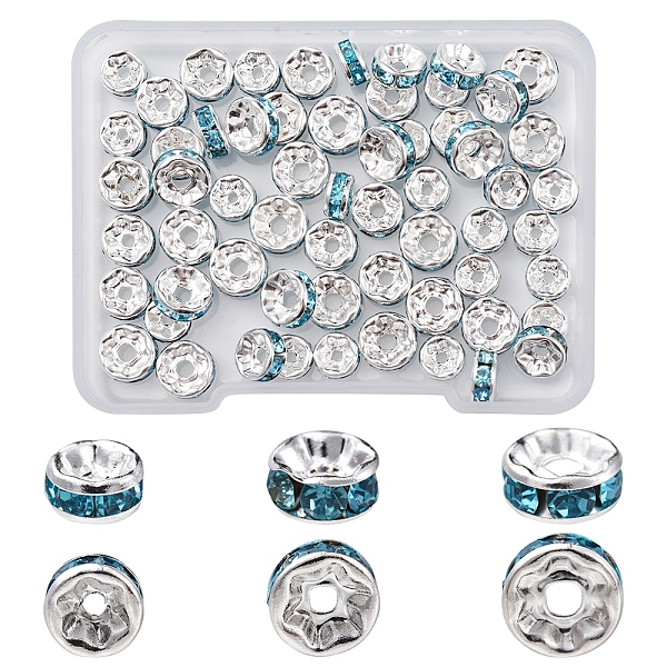 

PandaHall 60Pcs 3 Style Brass Rhinestone Spacer Beads, Grade A, Straight Flange, Silver Color Plated, Rondelle, Aquamarine, 6~8x3~3.8mm..., Cyan