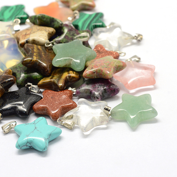 

PandaHall Star Natural & Synthetic Mixed Stone Pendants, with Platinum Tone Brass Findings, 22~23x20~24x5~7mm, Hole: 2x7mm Mixed Stone Star
