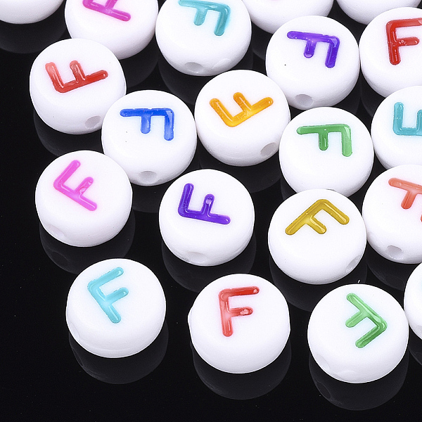 

PandaHall Initial Acrylic Beads, Horizontal Hole, Flat Round, Mixed Color, Letter.F, 7x3.5~4mm, Hole: 1.2mm, about 370pcs/50g Acrylic Flat..., Multicolor