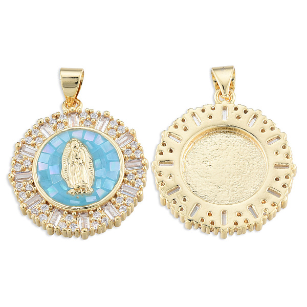 

PandaHall Brass Micro Pave Clear Cubic Zirconia Pendants, with Enamel and Shell, Real 18K Gold Plated, Nickel Free, Flat Round with Virgin...