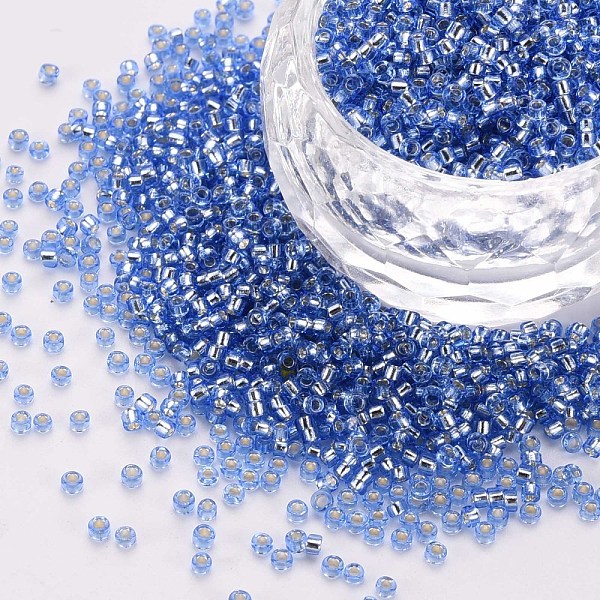

PandaHall Glass Cylinder Beads, Seed Beads, Silver Lined, Round Hole, Royal Blue, 1.5~2x1~2mm, Hole: 0.8mm, about 80000pcs/bag, about...