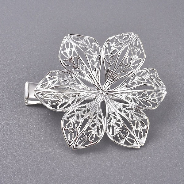 

PandaHall Hair Accessories Iron Alligator Hair Clip Findings, with Brass Filigree Flower Cabochon Bezel Settings, Silver Color Plated, Tray...