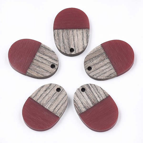 PandaHall Resin & Wenge Wood Pendants, Oval, FireBrick, 25x18x3~4mm, Hole: 2mm Resin+Wood Oval Red