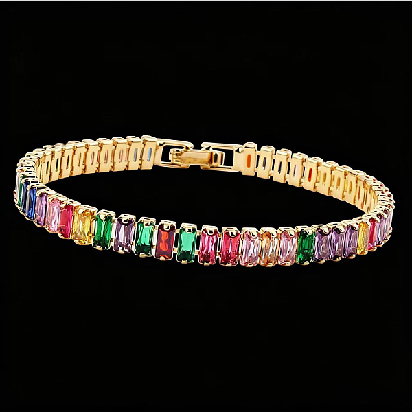 Bracciale tennis da donna in ottone con zirconi cubici multicolore a rettangolo