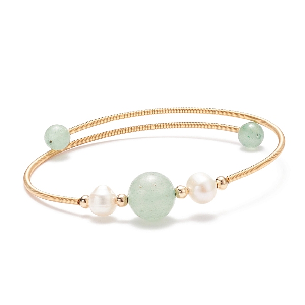 

PandaHall Natural Green Aventurine & Pearl Round Beaded Bangle, Brass Torque Bangle for Women, Golden, Inner Diameter: 2-1/4 inch(5.6cm)...