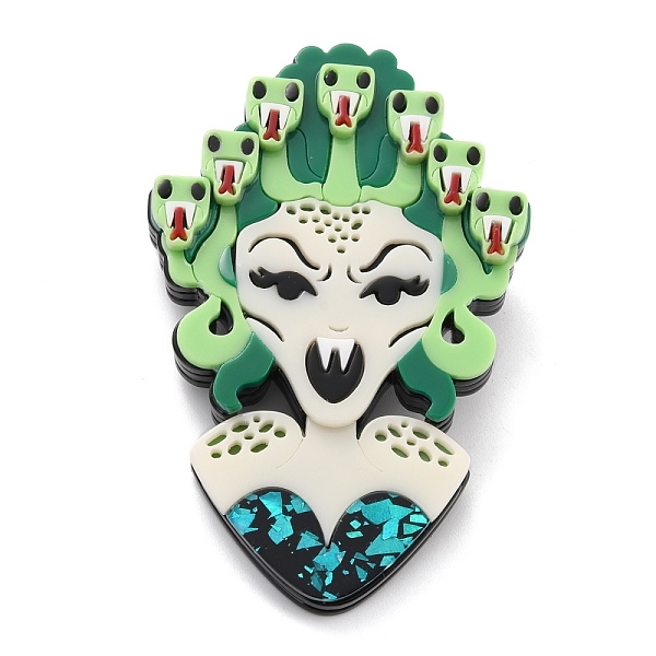 PandaHall Gorgon Shape Brooch, Creative Acrylic Safety Lapel Pin for Backpack Clothes, Pale Green, 77x50x11mm, Pin: 0.6mm Acrylic Witch