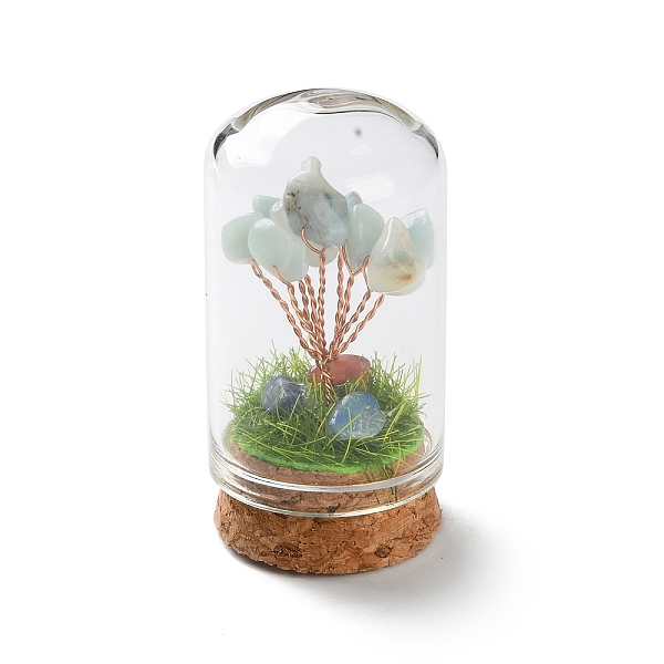 Natural Flower Amazonite Chips Money Tree in Dome Glass Bell Jars with Wood Base Display Decorations, for Home Office Decor Good Luck, 58.5x30mm