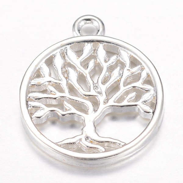 

PandaHall Brass Pendants, Flat Round with Tree of Life, Silver Color Plated, 18x15x2mm, Hole: 1.5mm Brass Flat Round
