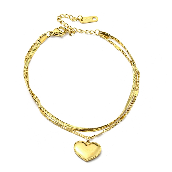 

PandaHall 304 Stainless Steel Herringbone & Curb Chains Double Layered Multi-strand Bracelet, Love You Heart Charm Bracelet, Golden, 7-3/8...
