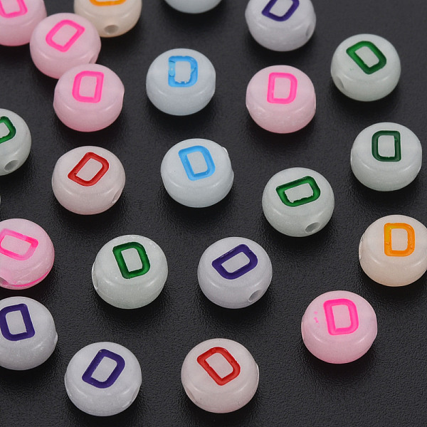 

PandaHall Acrylic Beads, Glow in the Dark, with Enamel and Luminous, Horizontal Hole, Flat Round with Alphabet, Letter.D, 6.5x7x4mm, Hole..., Multicolor