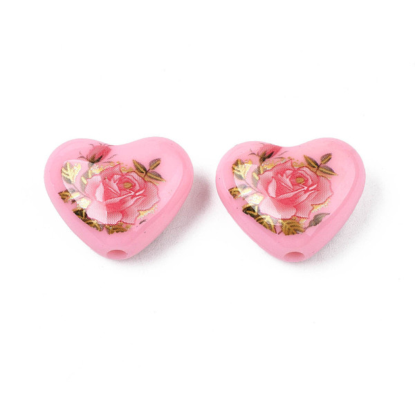 Flower Printed Opaque Acrylic Heart Beads