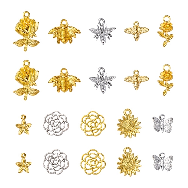 

PandaHall 50Pcs 10 Style Alloy Pendants, Tibetan Style, Bee & Rose & Sunflower & Butterfly, Platinum & Golden, 12~25x10.5~21.2x1.5~3mm, Hole...