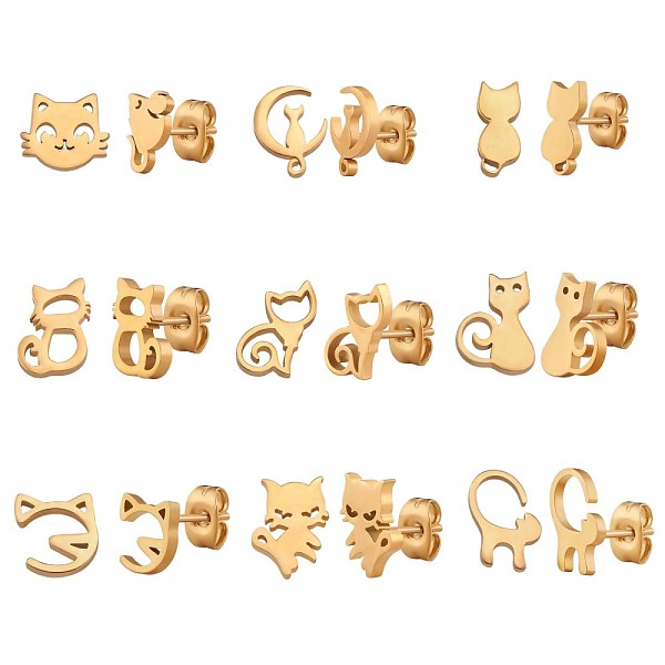 

PandaHall 9 Pairs 9 Style 316 Surgical Stainless Steel Cute Kitty Stud Earrings for Women, Golden, 7~13x4~12mm, Pin: 1mm, 1 Pair/style 316...