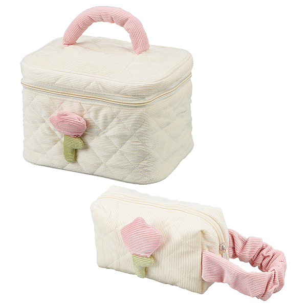 PandaHall WADORN 2Pcs 2 Style Portable Cute Corduroy Makeup Bag, Travel Cosmetic Organizer Bag with Tulips Pattern, for Women Girls, Old...