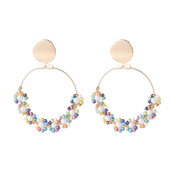 

PandaHall Handmade Seed Beaded Big Circle Drop Earrings, Sunflower Shell Pearl Dangle Stud Earrings for Beach Vacation, Golden, Blue, 60mm...
