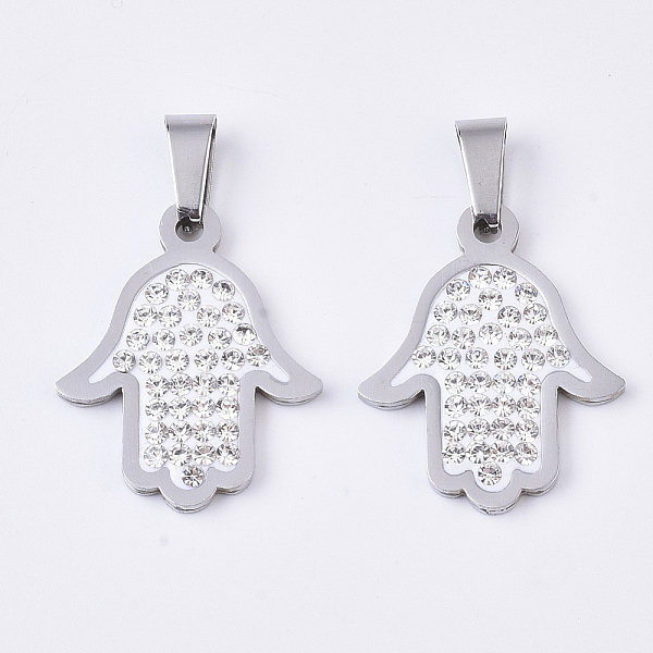 

PandaHall 201 Stainless Steel Pendants, with Random Size Snap On Bails and Polymer Clay Crystal Rhinestones, Palm, Stainless Steel Color..., Clear