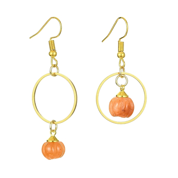 

PandaHall Natural Red Aventurine Pumpkin with Ring Dangle Earrings, Iron Asymmetrical Earrings, 40~55.5x20mm Red Aventurine Pumpkin