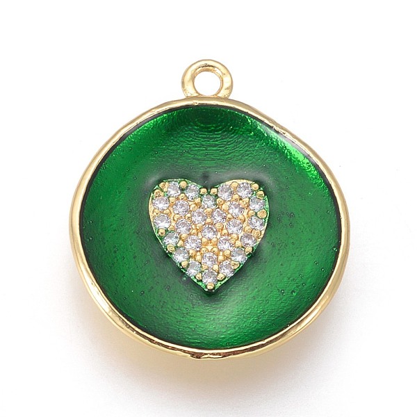 

PandaHall Golden Plated Brass Micro Pave Cubic Zirconia Pendants, with Enamel, Long-Lasting Plated, Flat Round with Heart, Green, 23x20x3mm...