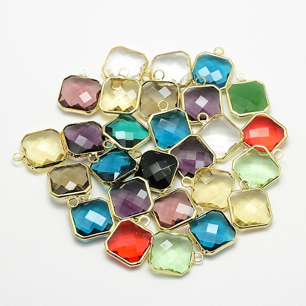 

PandaHall Golden Tone Brass Glass Square Pendants, Mixed Color, 16x13x5mm, Hole: 2mm Brass+Glass Square Multicolor