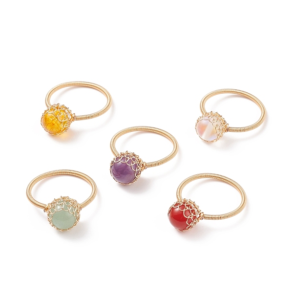 

PandaHall 5Pcs 5 Style Natural & Synthetic Mixed Stone Round Ball Braided Finger Rings, Brass Wire Wrap Jewelry for Women, Golden, US Size 7...